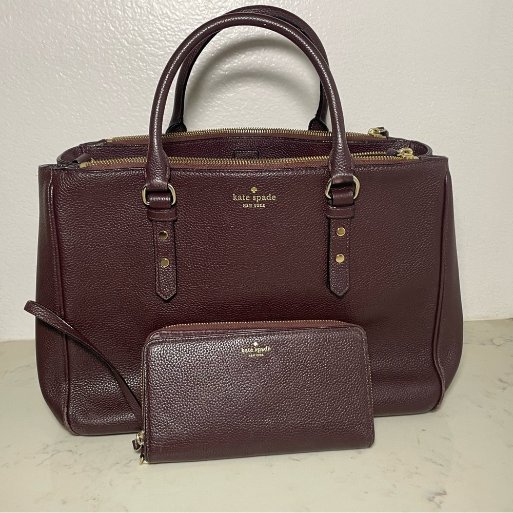 Kate Spade Large Cow Leather Burgundy Bag and Matching Continental Wallet